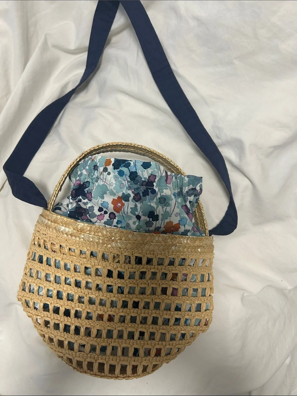 Il Gufo Straw Tote with Blue and Pink Floral Interior ( Liberty)